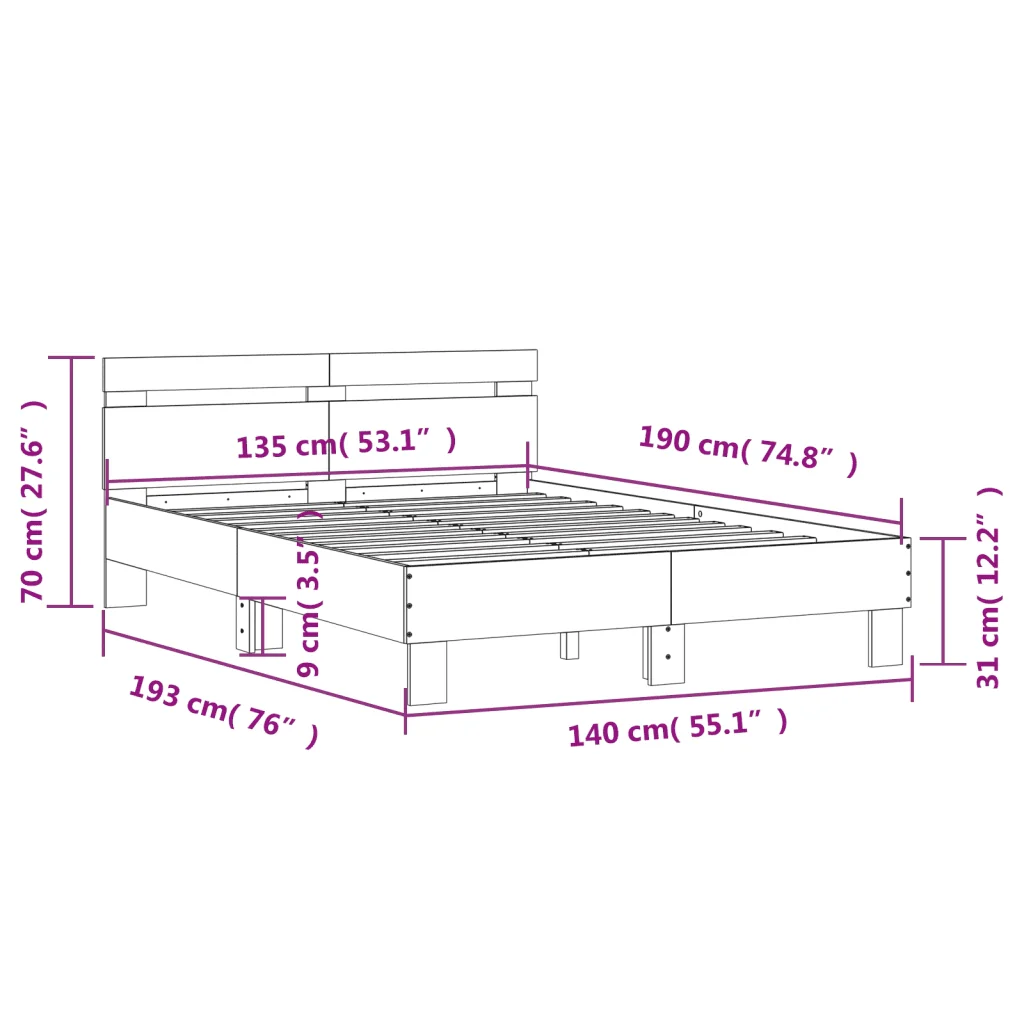 Letto matrimoniale | Letto per adulti | Giroletto Testiera Rovere Sonoma 135x190 cm Legno Multistrato - Image 10