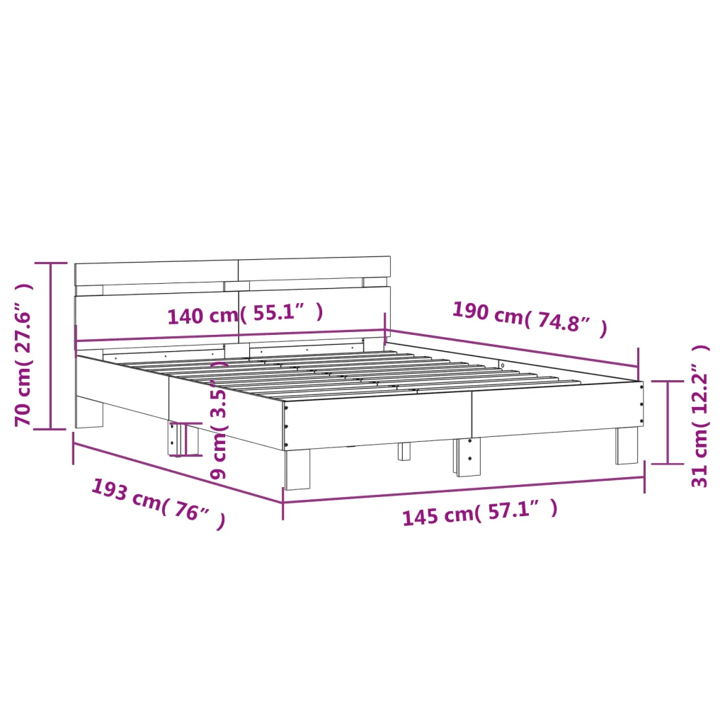 Letto matrimoniale | Letto per adulti | Giroletto Testiera Rovere Sonoma 140x190 cm Legno Multistrato - Image 10
