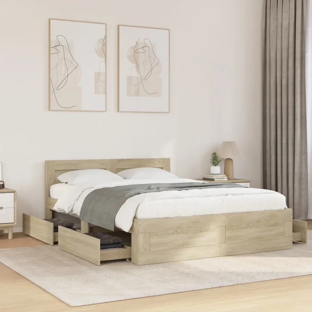 Letto matrimoniale | Letto per adulti | Giroletto Testiera Rovere Sonoma 140x200 cm Legno Multistrato - Image 2