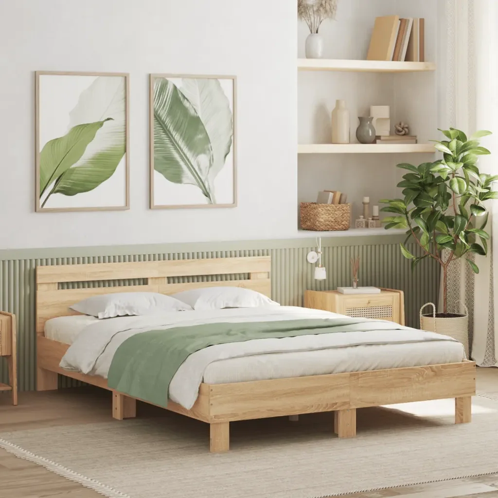 Letto matrimoniale | Letto per adulti | Giroletto Testiera Rovere Sonoma 150x200 cm Legno Multistrato - Image 2