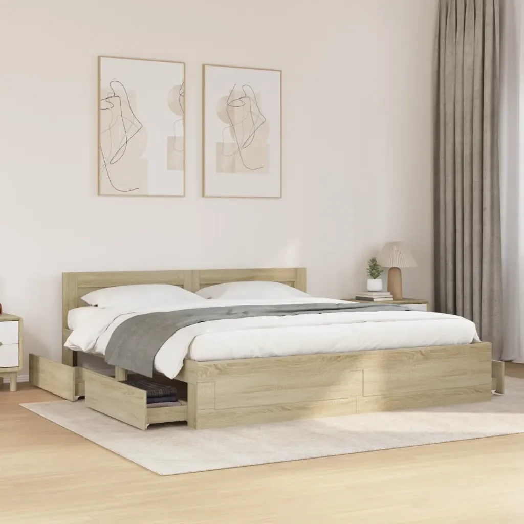 Letto matrimoniale | Letto per adulti | Giroletto Testiera Rovere Sonoma 180x200 cm Legno Multistrato - Image 2