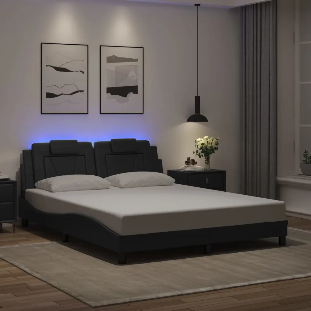 Letto matrimoniale | Letto per adulti | Giroletto Viana con LED senza Materasso Nero 160x200 cm - Image 2