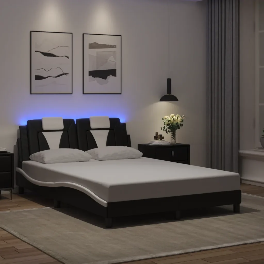 Letto matrimoniale | Letto per adulti | Giroletto Viana con LED senza Materasso Nero e Bianco 140x200 cm - Image 2