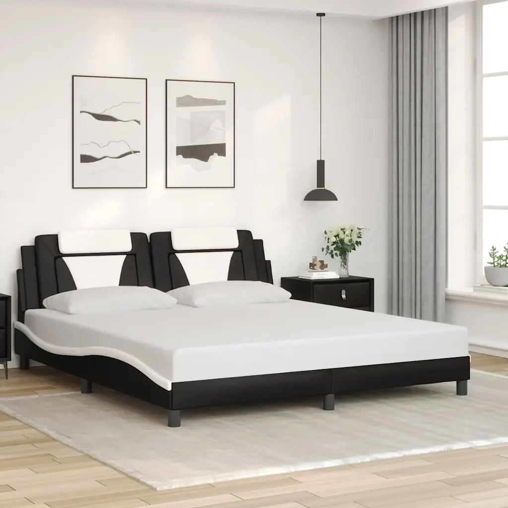 Letto matrimoniale | Letto per adulti | Giroletto Viana senza Materasso Nero e Bianco 180x200 cm in Similpelle - Image 2