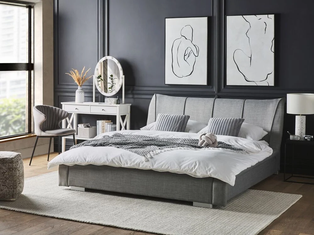 Letto matrimoniale Tessuto color Grigio 160 x 200 cm Rete A Doghe Testiera imbottita stile moderno - Image 4