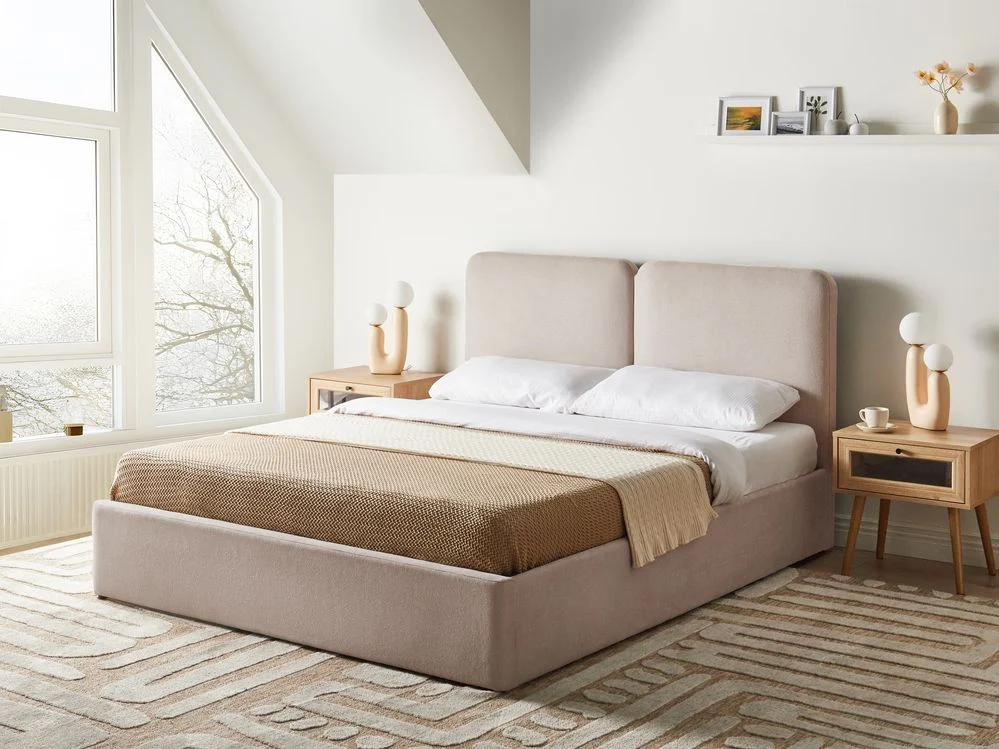 Letto ottomano color beige in tessuto 160 x 200 cm Testiera imbottita Rete a doghe sollevabile - Image 4