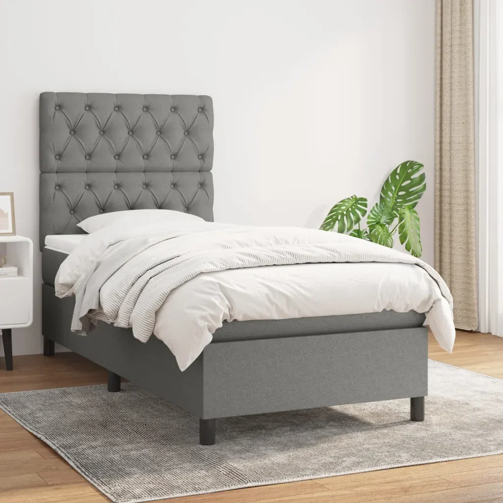 Letto singolo | Letto per adulti | Giroletto a Molle con Materasso Grigio Scuro 80x200 cm Tessuto - Image 2