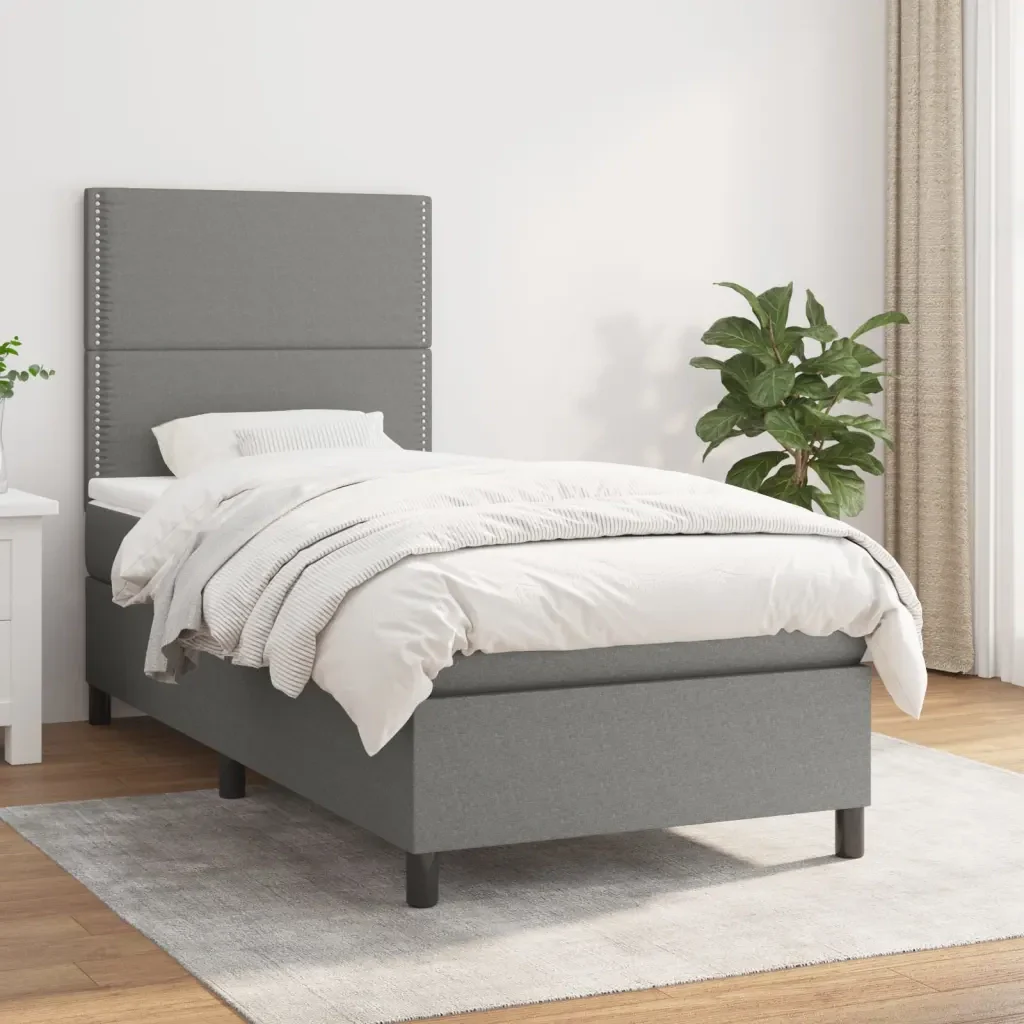 Letto singolo | Letto per adulti | Giroletto a Molle con Materasso Grigio Scuro 90x190 cm Tessuto - Image 2