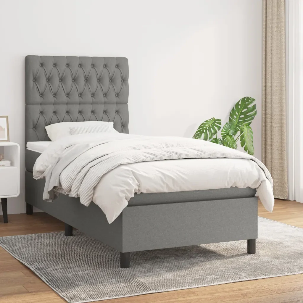 Letto singolo | Letto per adulti | Giroletto a Molle con Materasso Grigio Scuro 90x190 cm Tessuto - Image 2