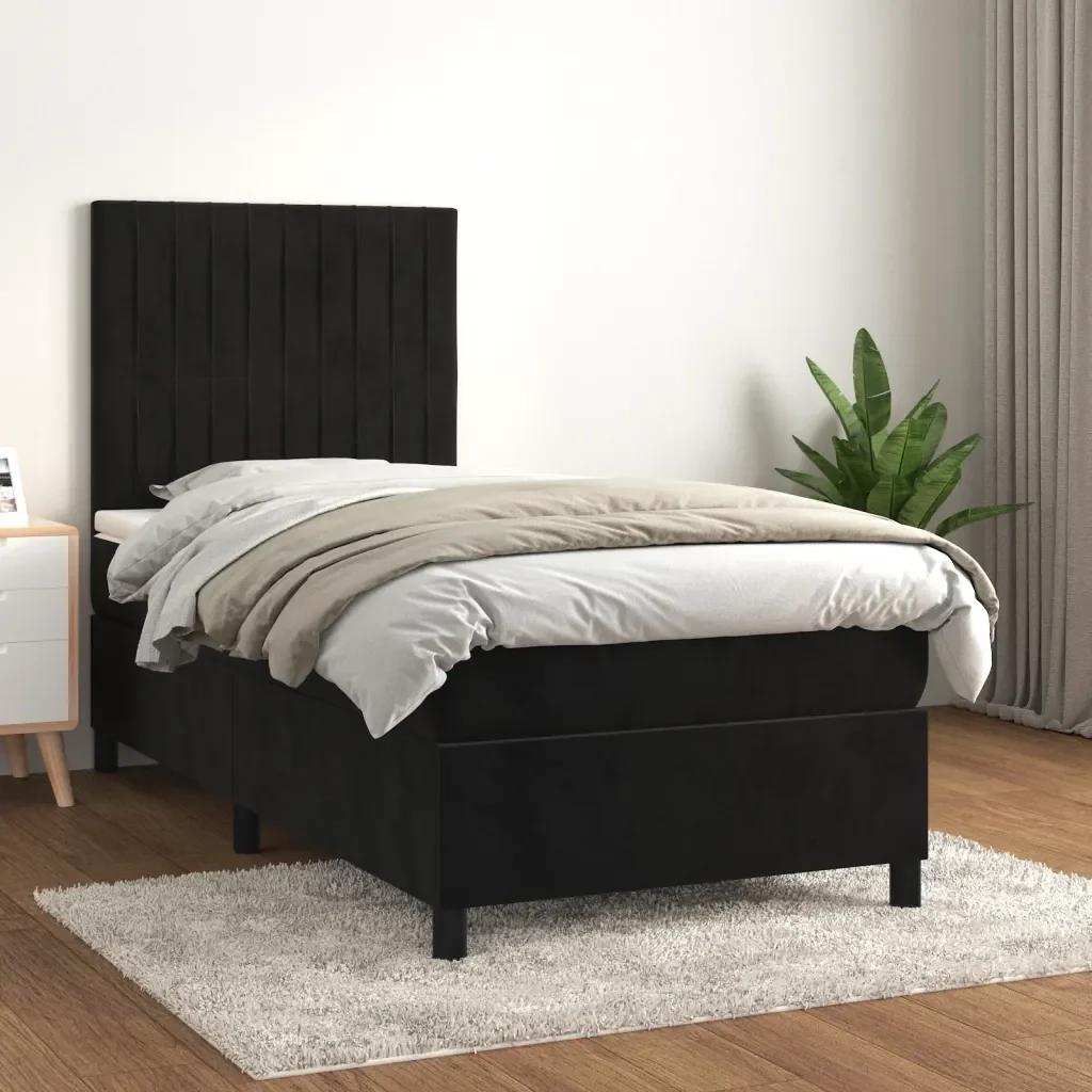 Letto singolo | Letto per adulti | Giroletto a Molle con Materasso Nero 100x200 cm in Velluto - Image 2