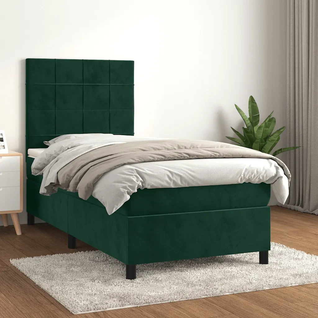 Letto singolo | Letto per adulti | Giroletto a Molle con Materasso Verde Scuro 90x190 cm Velluto - Image 2