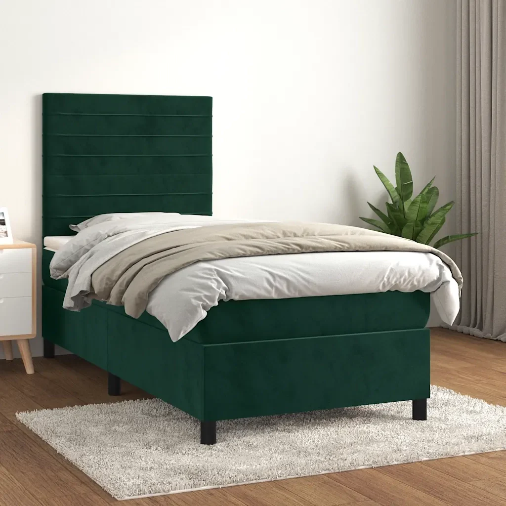 Letto singolo | Letto per adulti | Giroletto a Molle con Materasso Verde Scuro 90x190 cm Velluto - Image 2