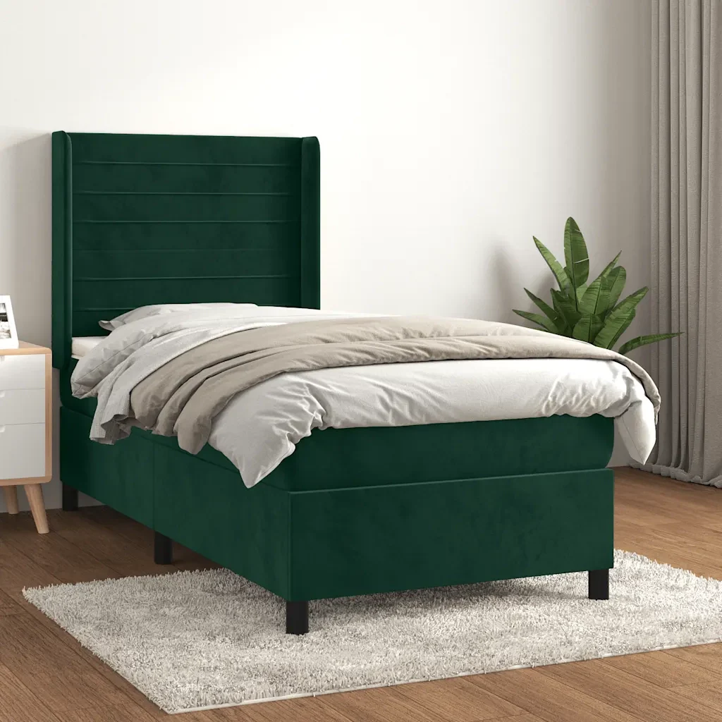 Letto singolo | Letto per adulti | Giroletto a Molle con Materasso Verde Scuro 90x200 cm Velluto - Image 2