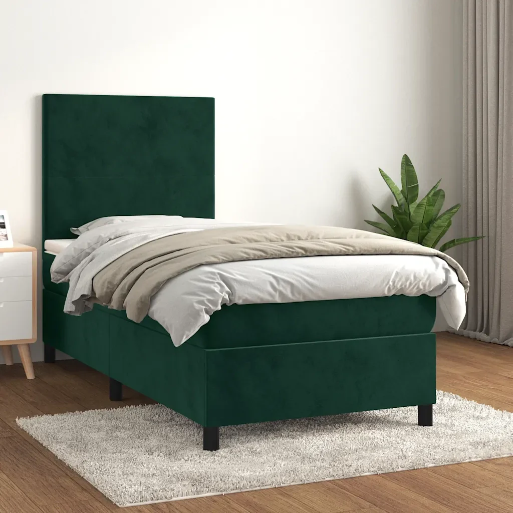 Letto singolo | Letto per adulti | Giroletto a Molle con Materasso Verde Scuro 90x200 cm Velluto - Image 2