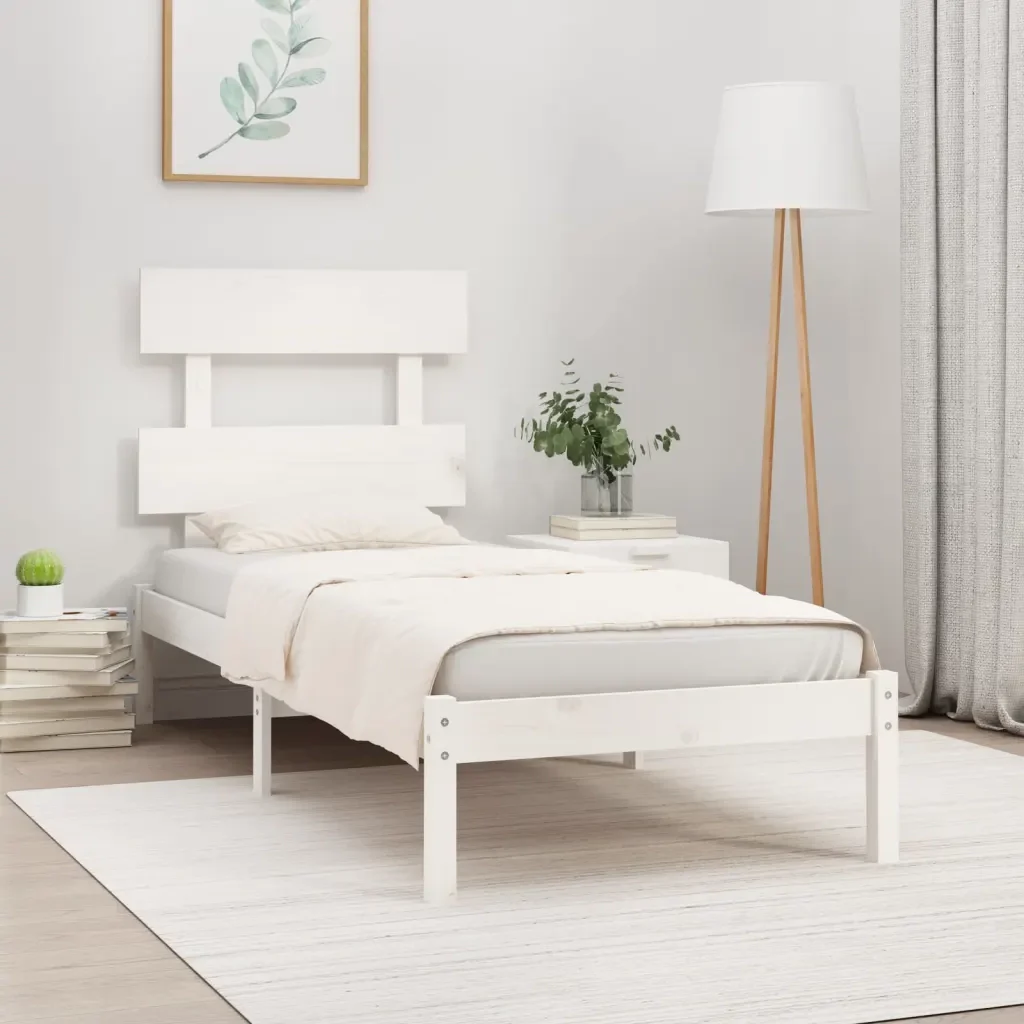 Letto singolo | Letto per adulti | Giroletto Bianco in Legno Massello 90x200 cm - Image 2