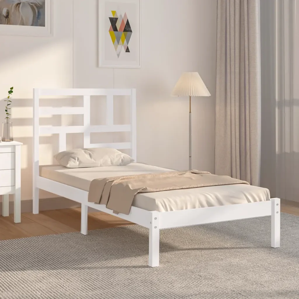 Letto singolo | Letto per adulti | Giroletto Bianco in Legno Massello 90x200 cm - Image 2