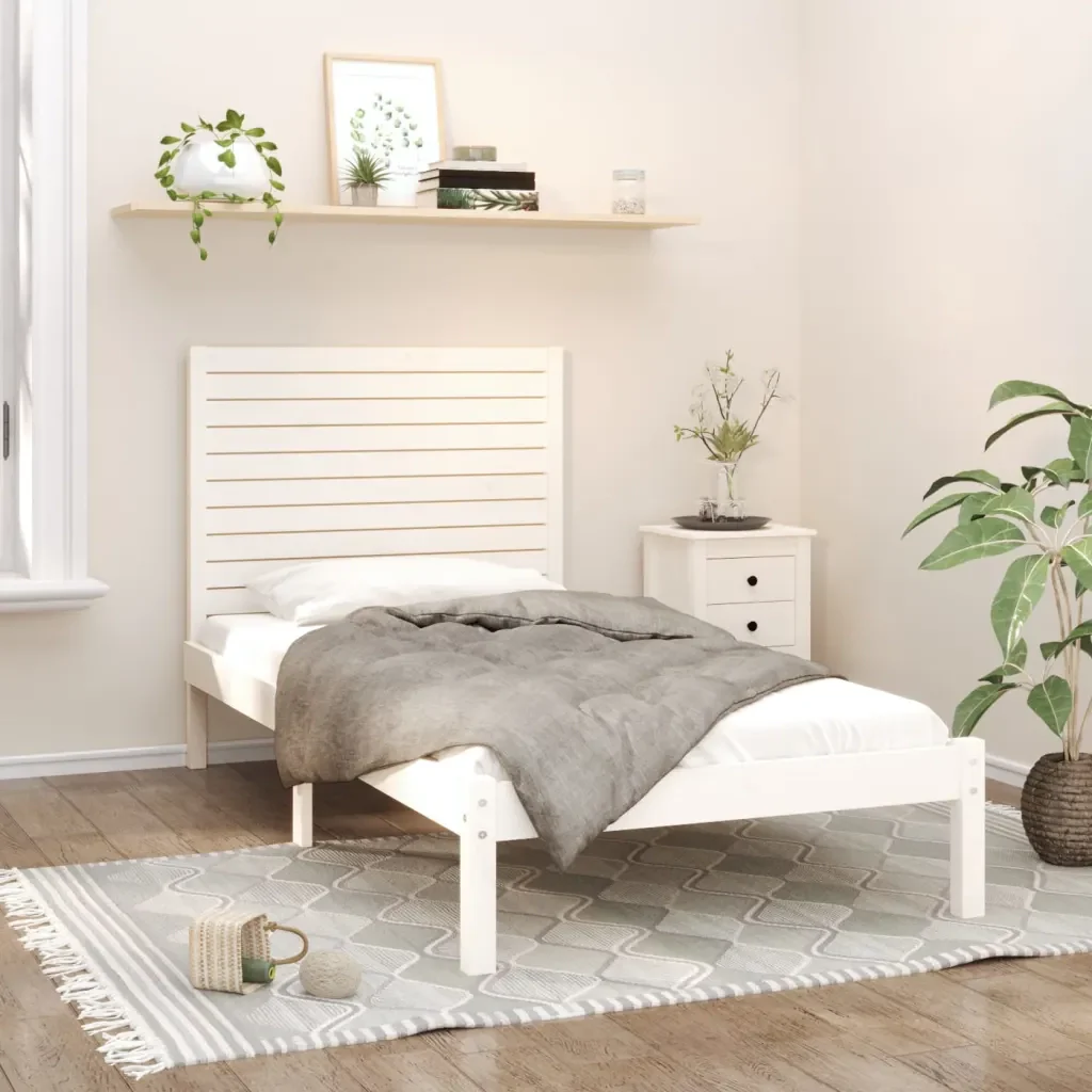 Letto singolo | Letto per adulti | Giroletto Bianco in Legno Massello 90x200 cm - Image 2