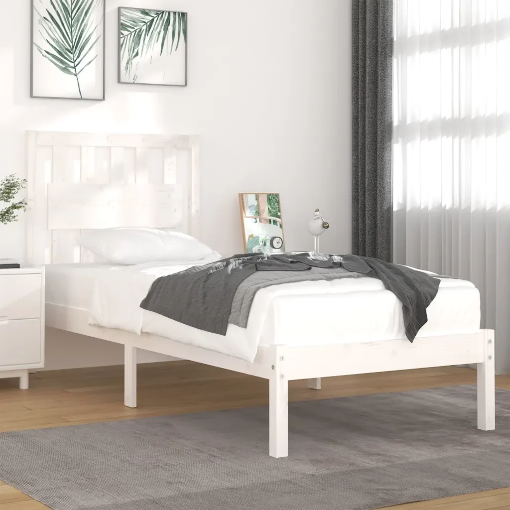 Letto singolo | Letto per adulti | Giroletto Bianco in Legno Massello di Pino 90x200 cm - Image 2