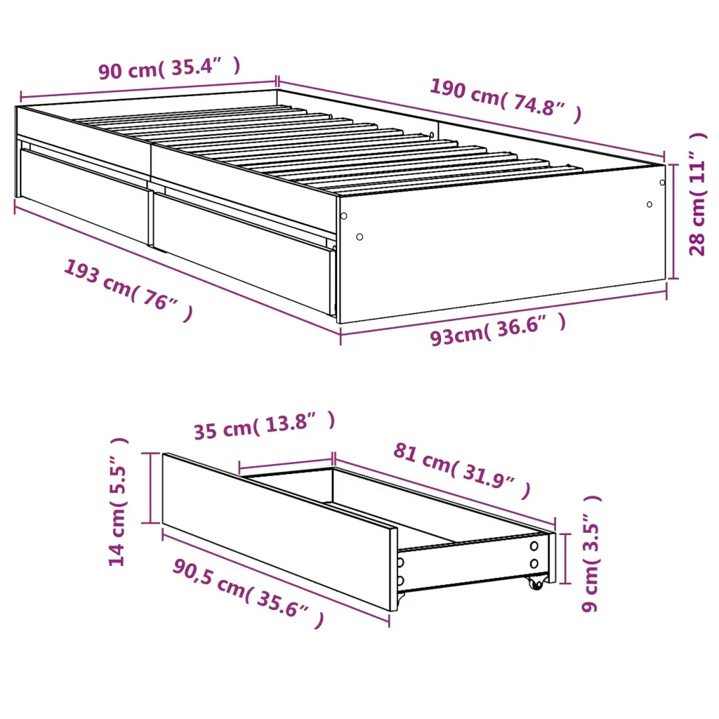 Letto singolo | Letto per adulti | Giroletto Cassetti Grigio Cemento 90x190 cm Legno Multistrato - Image 10