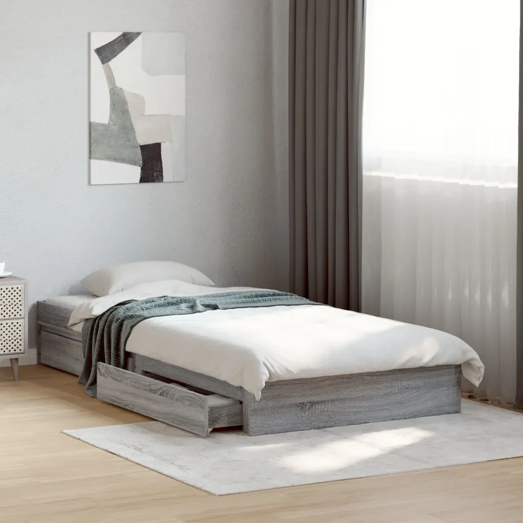 Letto singolo | Letto per adulti | Giroletto Cassetti Grigio Sonoma 100x200 cm Legno Multistrato - Image 2