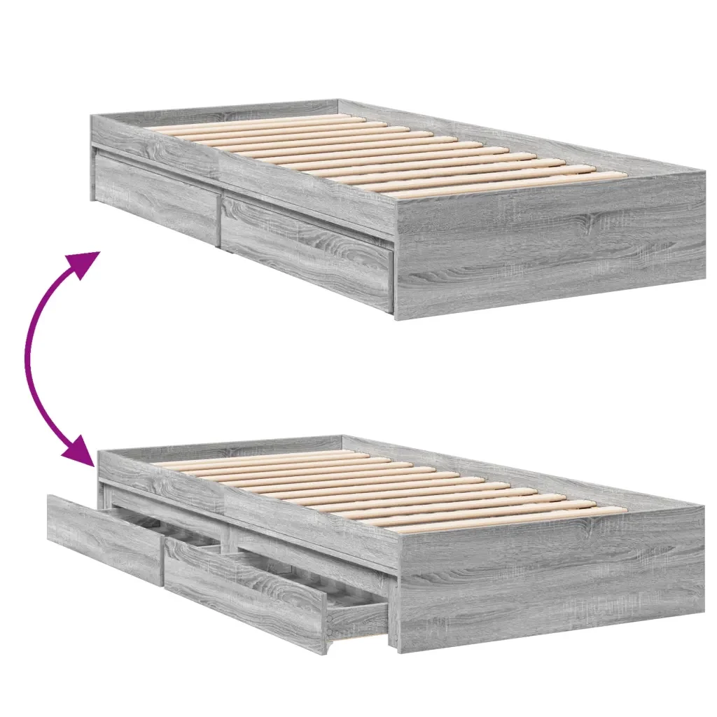 Letto singolo | Letto per adulti | Giroletto Cassetti Grigio Sonoma 100x200 cm Legno Multistrato - Image 7
