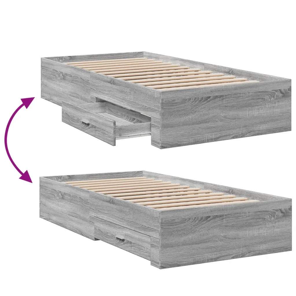 Letto singolo | Letto per adulti | Giroletto Cassetti Grigio Sonoma 75x190 cm Legno Multistrato - Image 7