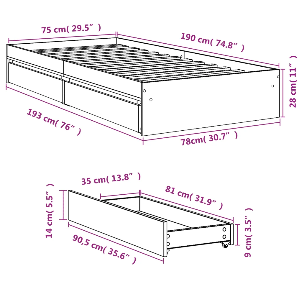 Letto singolo | Letto per adulti | Giroletto Cassetti Grigio Sonoma 75x190 cm Legno Multistrato - Image 10