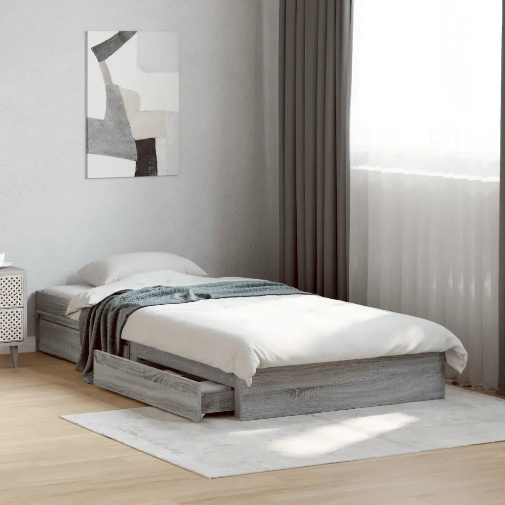 Letto singolo | Letto per adulti | Giroletto Cassetti Grigio Sonoma 75x190 cm Legno Multistrato - Image 2