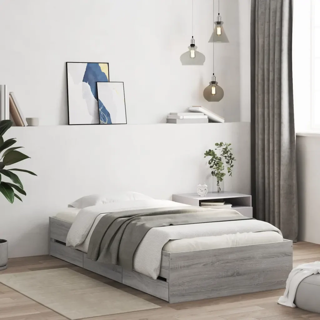 Letto singolo | Letto per adulti | Giroletto Cassetti Grigio Sonoma 90x190 cm Legno Multistrato - Image 2