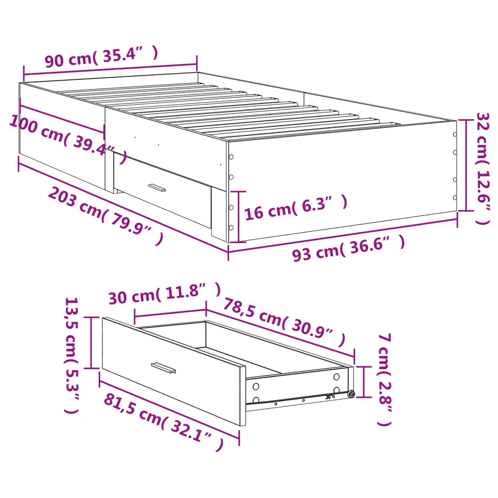 Letto singolo | Letto per adulti | Giroletto Cassetti Grigio Sonoma 90x200 cm Legno Multistrato - Image 10