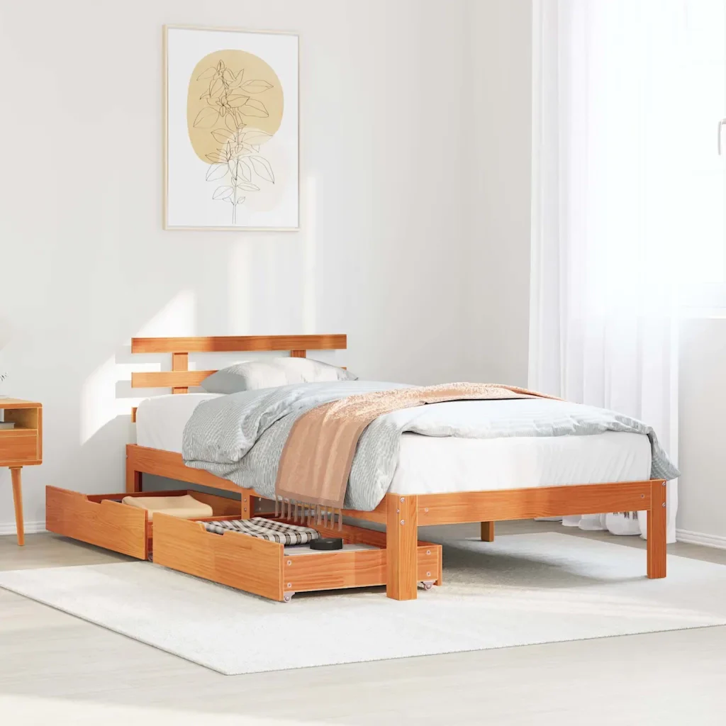 Letto singolo | Letto per adulti | Giroletto Cassetti Marrone Cera 100x200 cm Legno Massello Pino - Image 2