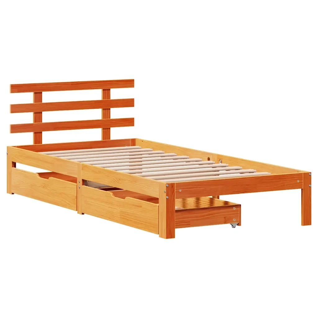 Letto singolo | Letto per adulti | Giroletto Cassetti Marrone Cera 100x200 cm Legno Massello Pino - Image 3