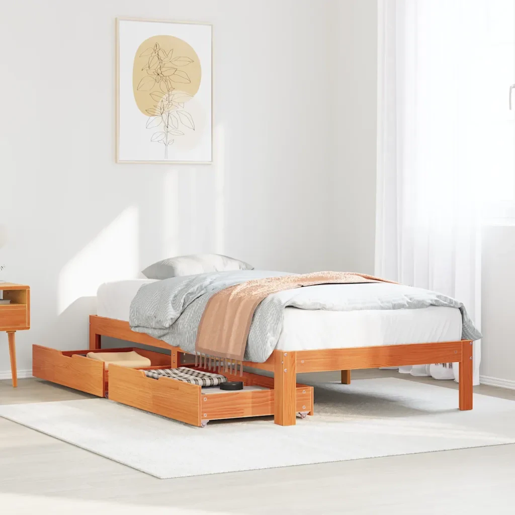 Letto singolo | Letto per adulti | Giroletto Cassetti Marrone Cera 100x200 cm Legno Massello Pino - Image 2
