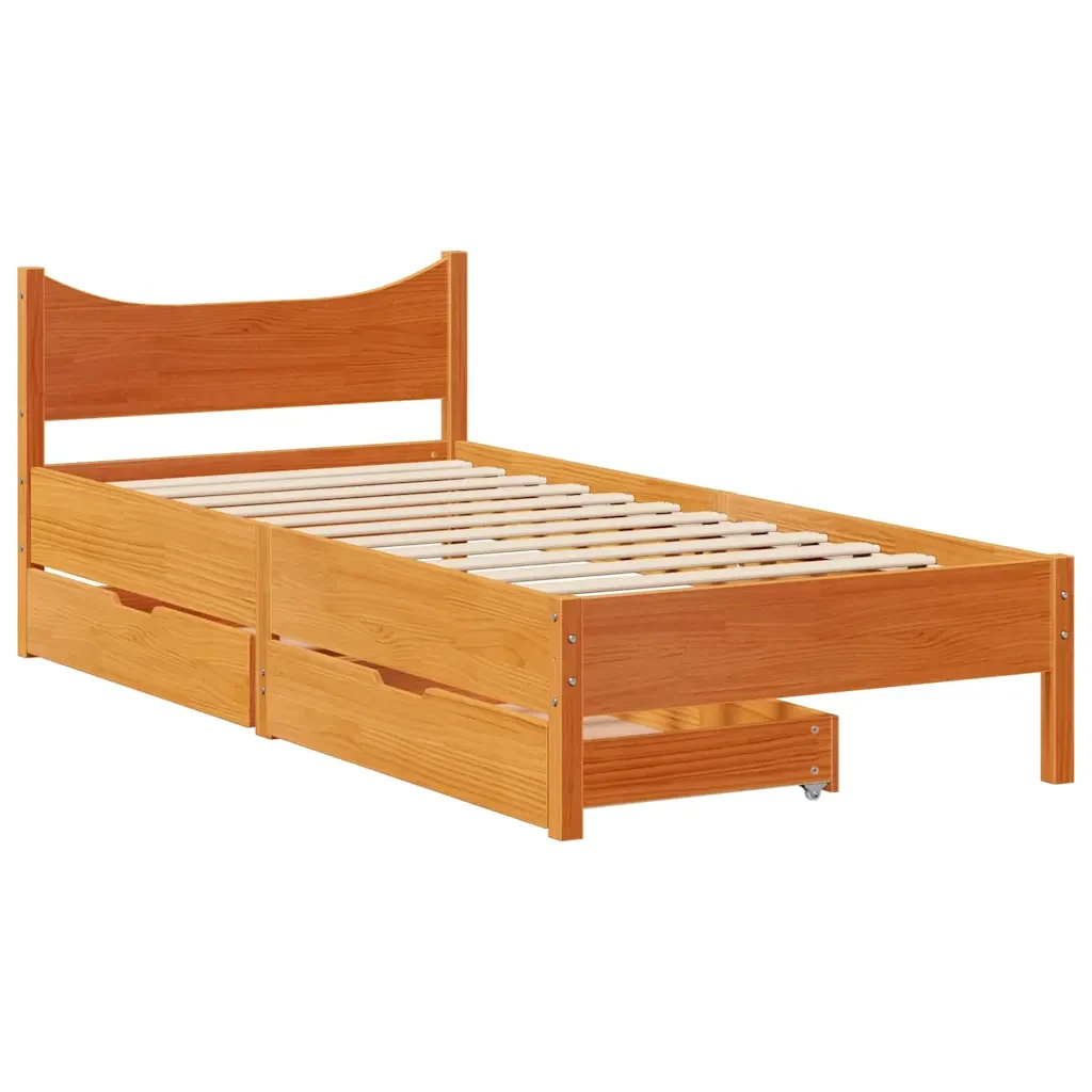 Letto singolo | Letto per adulti | Giroletto Cassetti Marrone Cera 75x190cm in Legno Massello Pino