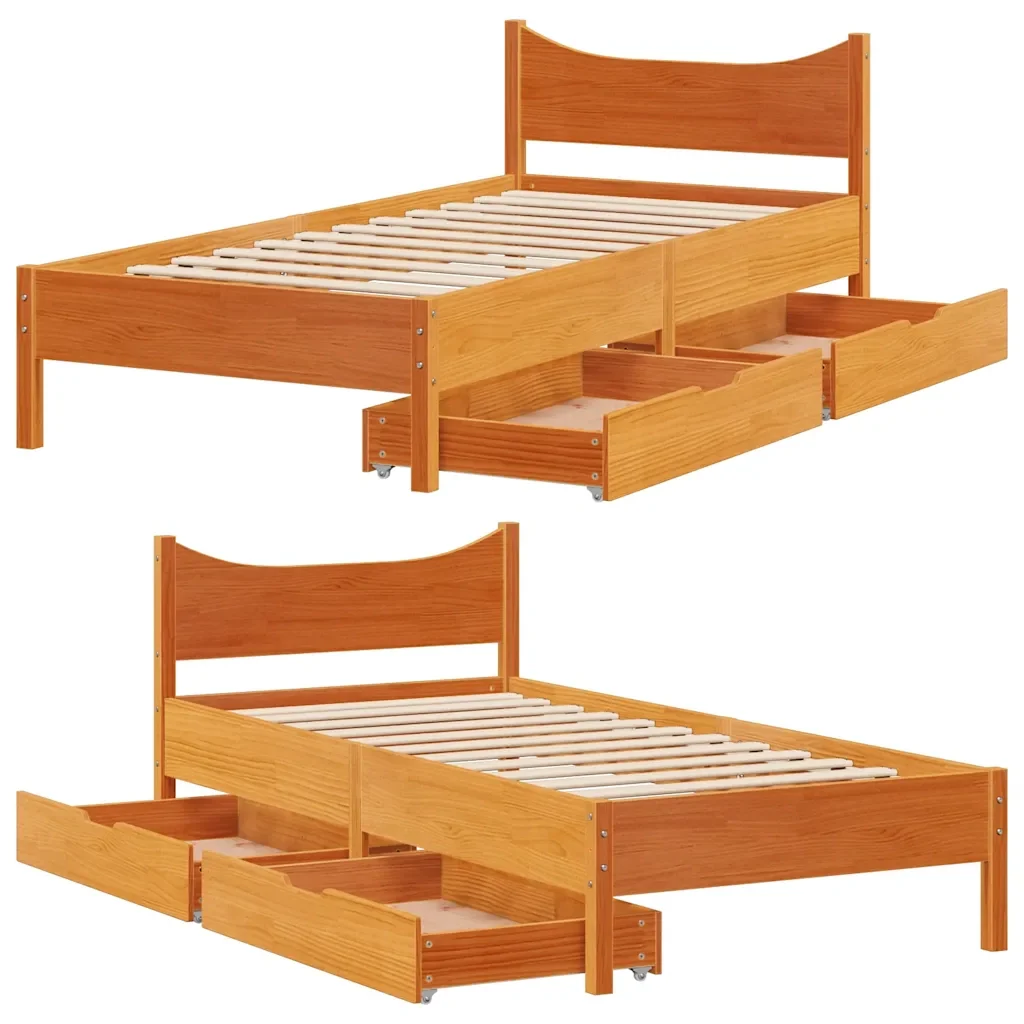 Letto singolo | Letto per adulti | Giroletto Cassetti Marrone Cera 90x190cm Legno Massello di Pino - Image 9