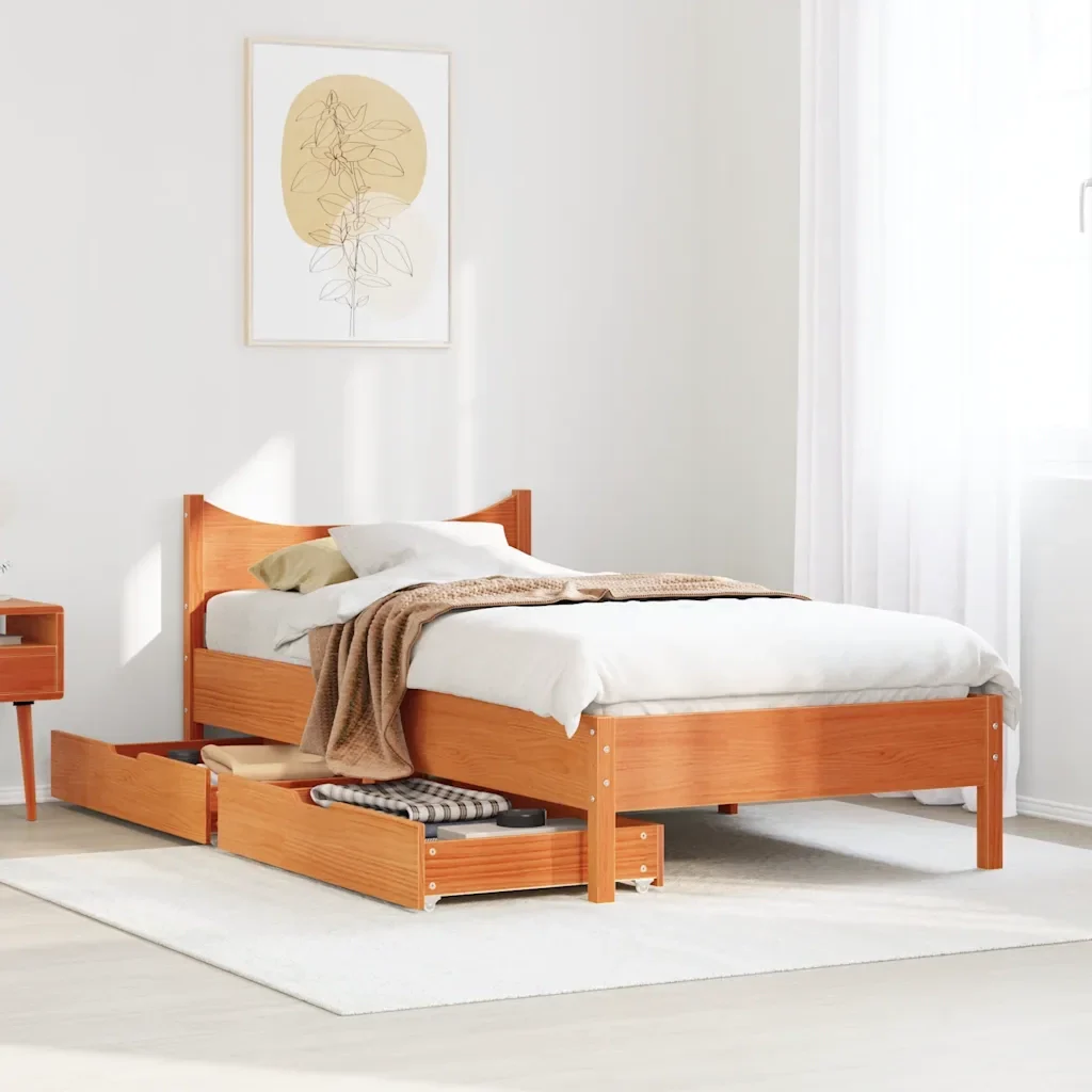 Letto singolo | Letto per adulti | Giroletto Cassetti Marrone Cera 90x200 cm Legno Massello Pino - Image 4