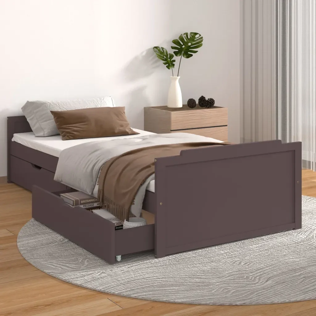 Letto singolo | Letto per adulti | Giroletto Cassetti Marrone Scuro Legno Massello Pino 90x200 cm - Image 2