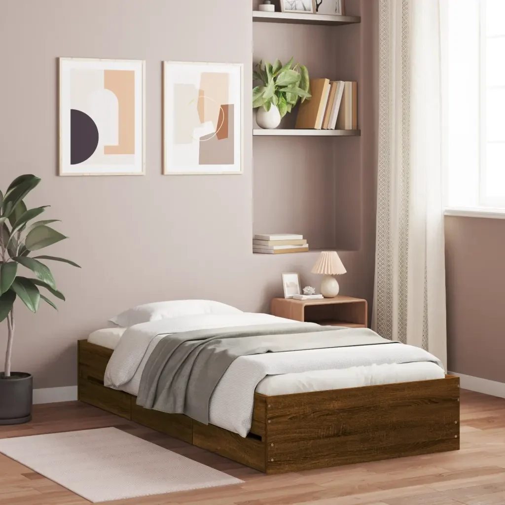 Letto singolo | Letto per adulti | Giroletto Cassetti Rovere Marrone 75x190 cm Legno Multistrato - Image 2