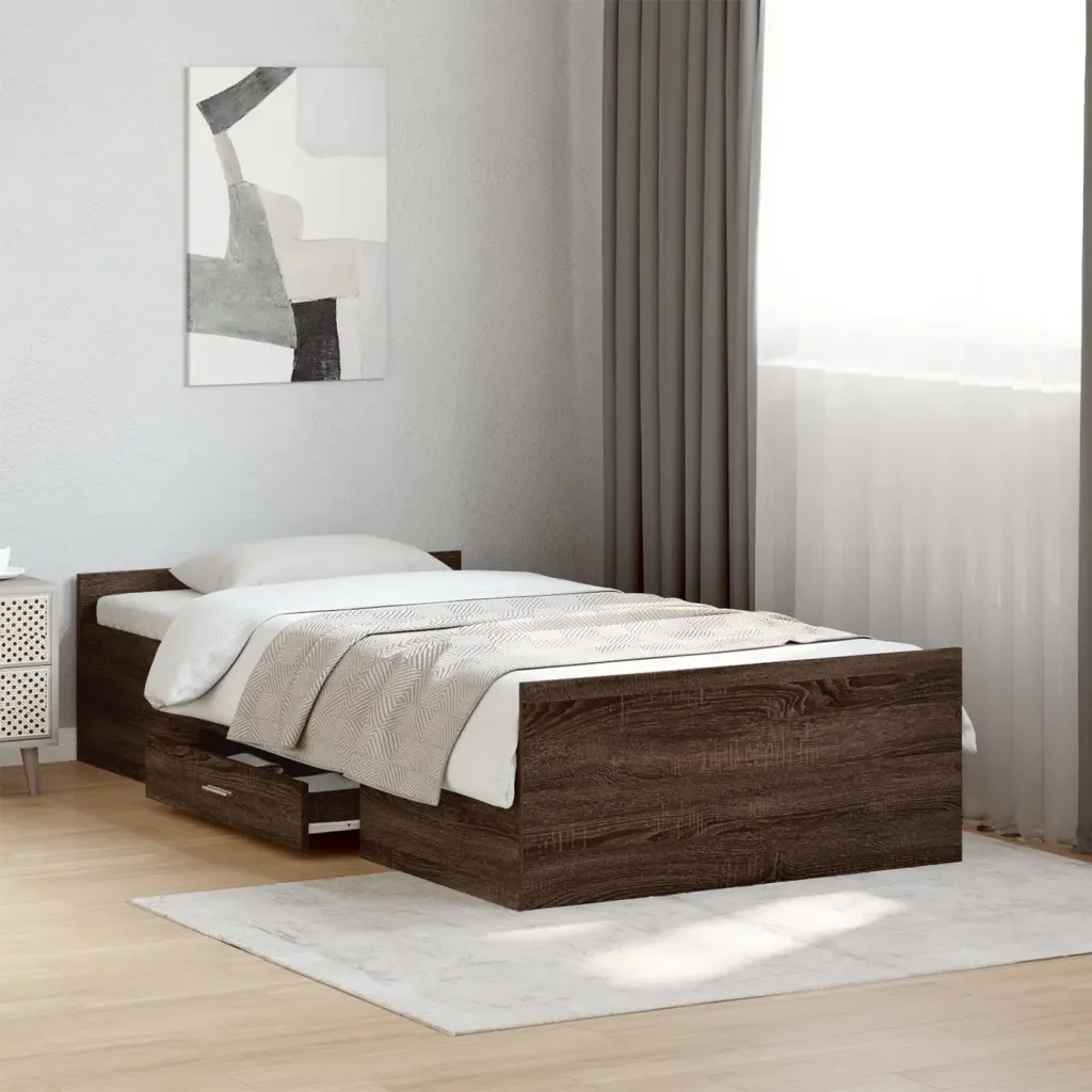 Letto singolo | Letto per adulti | Giroletto Cassetti Rovere Marrone 75x190 cm Legno Multistrato - Image 2