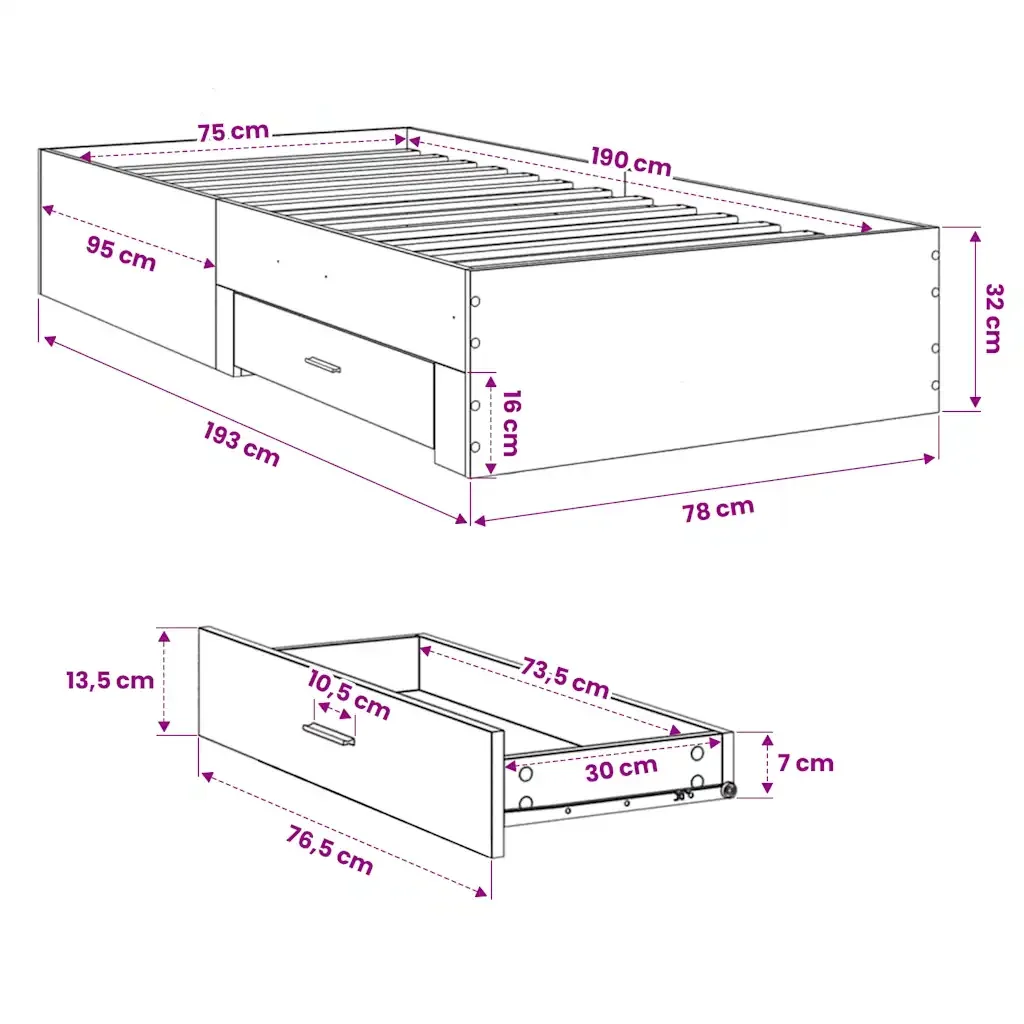 Letto singolo | Letto per adulti | Giroletto Cassetti Rovere Marrone 75x190 cm Legno Multistrato - Image 10
