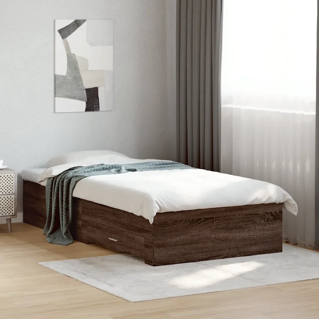 Letto singolo | Letto per adulti | Giroletto Cassetti Rovere Marrone 75x190 cm Legno Multistrato - Image 2