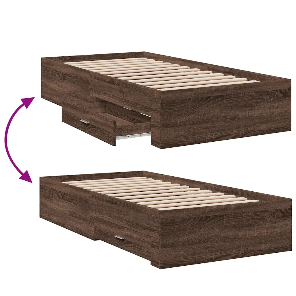 Letto singolo | Letto per adulti | Giroletto Cassetti Rovere Marrone 75x190 cm Legno Multistrato - Image 7