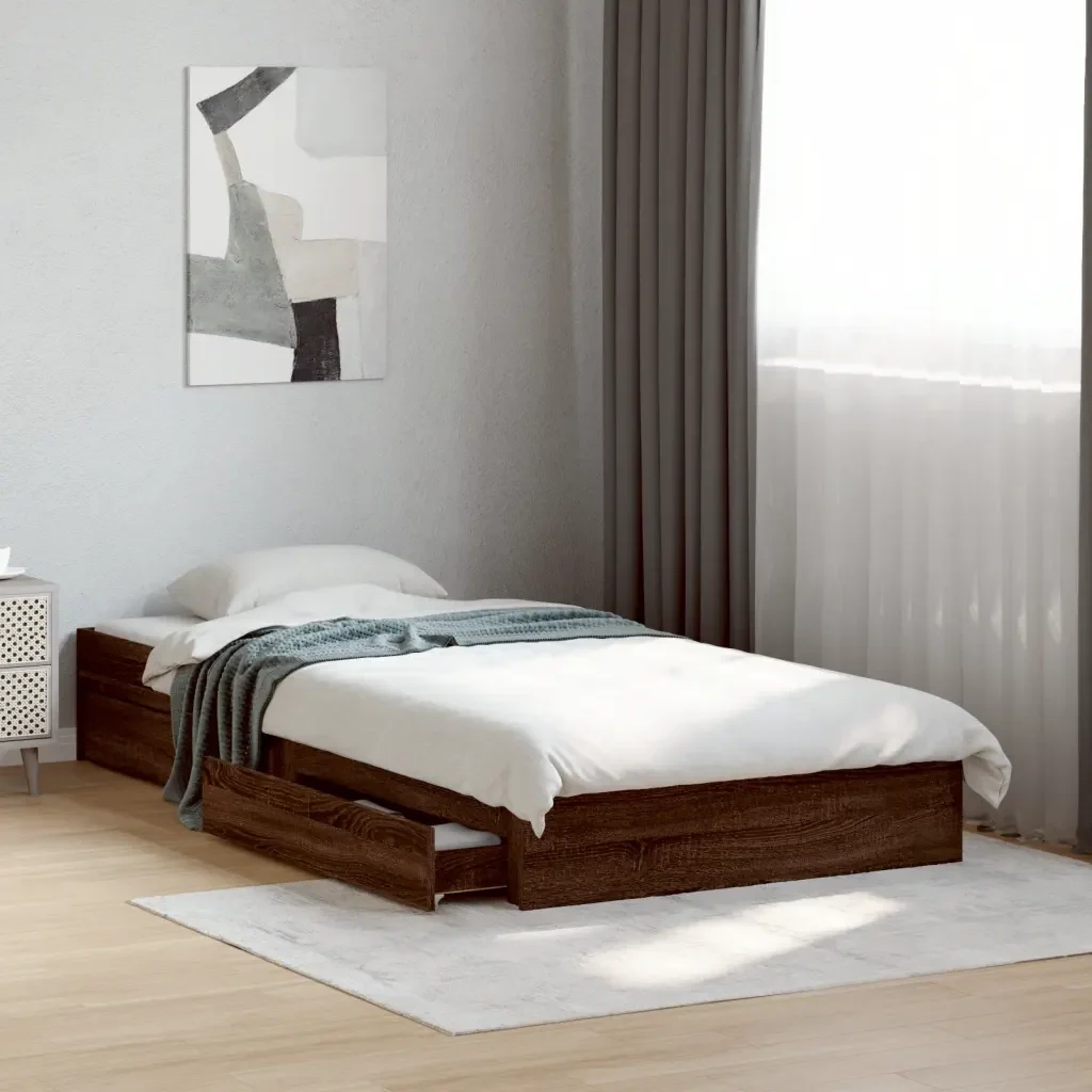Letto singolo | Letto per adulti | Giroletto Cassetti Rovere Marrone 75x190 cm Legno Multistrato - Image 2