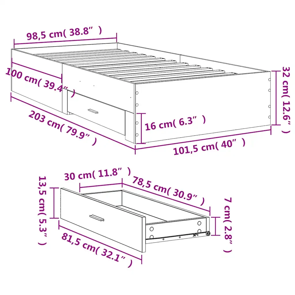 Letto singolo | Letto per adulti | Giroletto Cassetti Rovere Sonoma 100x200 cm Legno Multistrato - Image 10