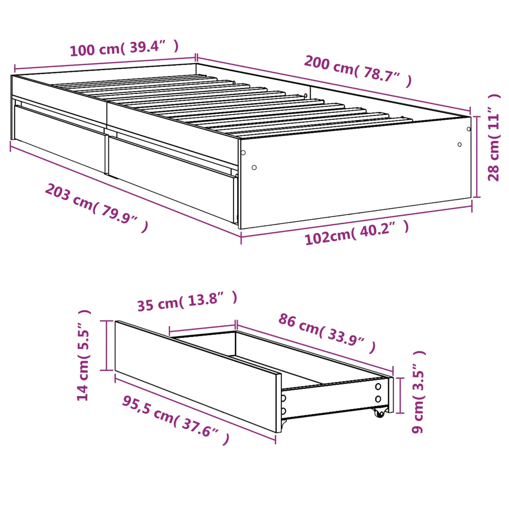 Letto singolo | Letto per adulti | Giroletto Cassetti Rovere Sonoma 100x200 cm Legno Multistrato - Image 10