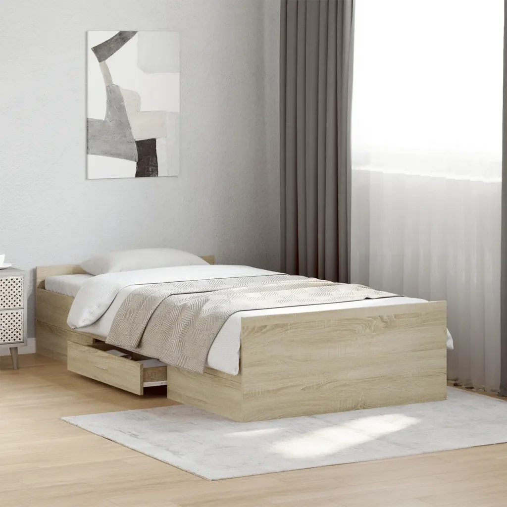 Letto singolo | Letto per adulti | Giroletto Cassetti Rovere Sonoma 75x190 cm Legno Multistrato - Image 2