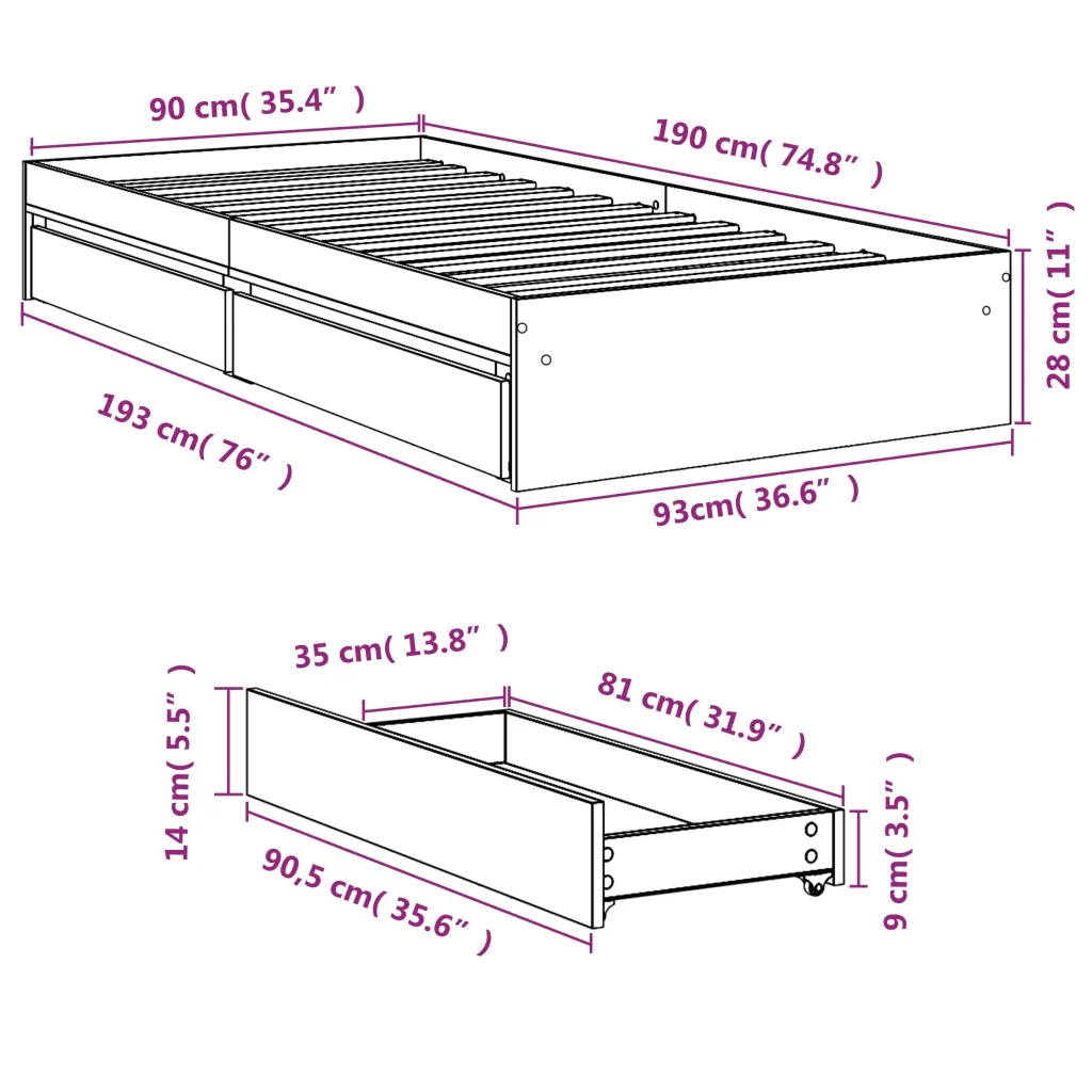Letto singolo | Letto per adulti | Giroletto Cassetti Rovere Sonoma 90x190 cm Legno Multistrato - Image 10