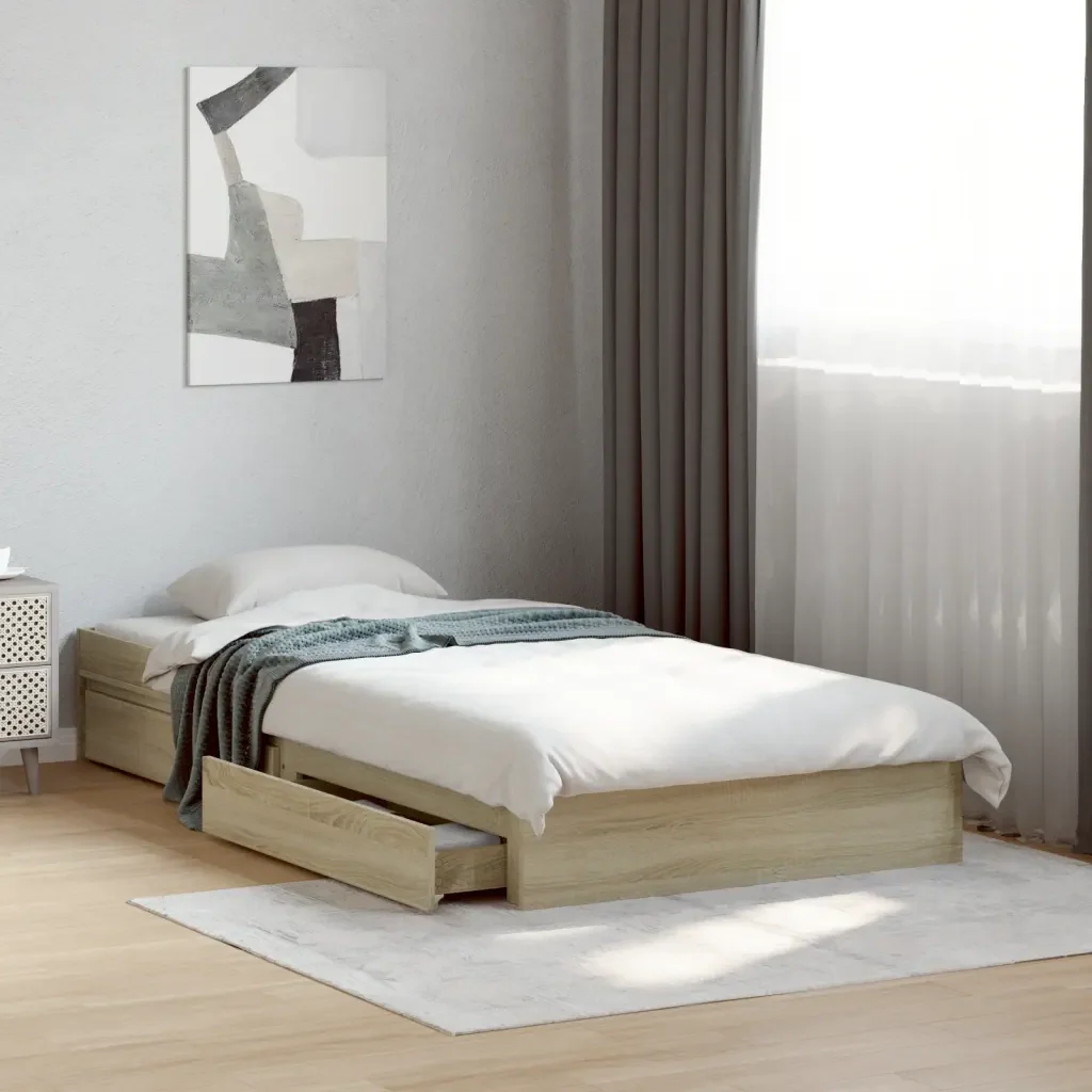 Letto singolo | Letto per adulti | Giroletto Cassetti Rovere Sonoma 90x190 cm Legno Multistrato - Image 2