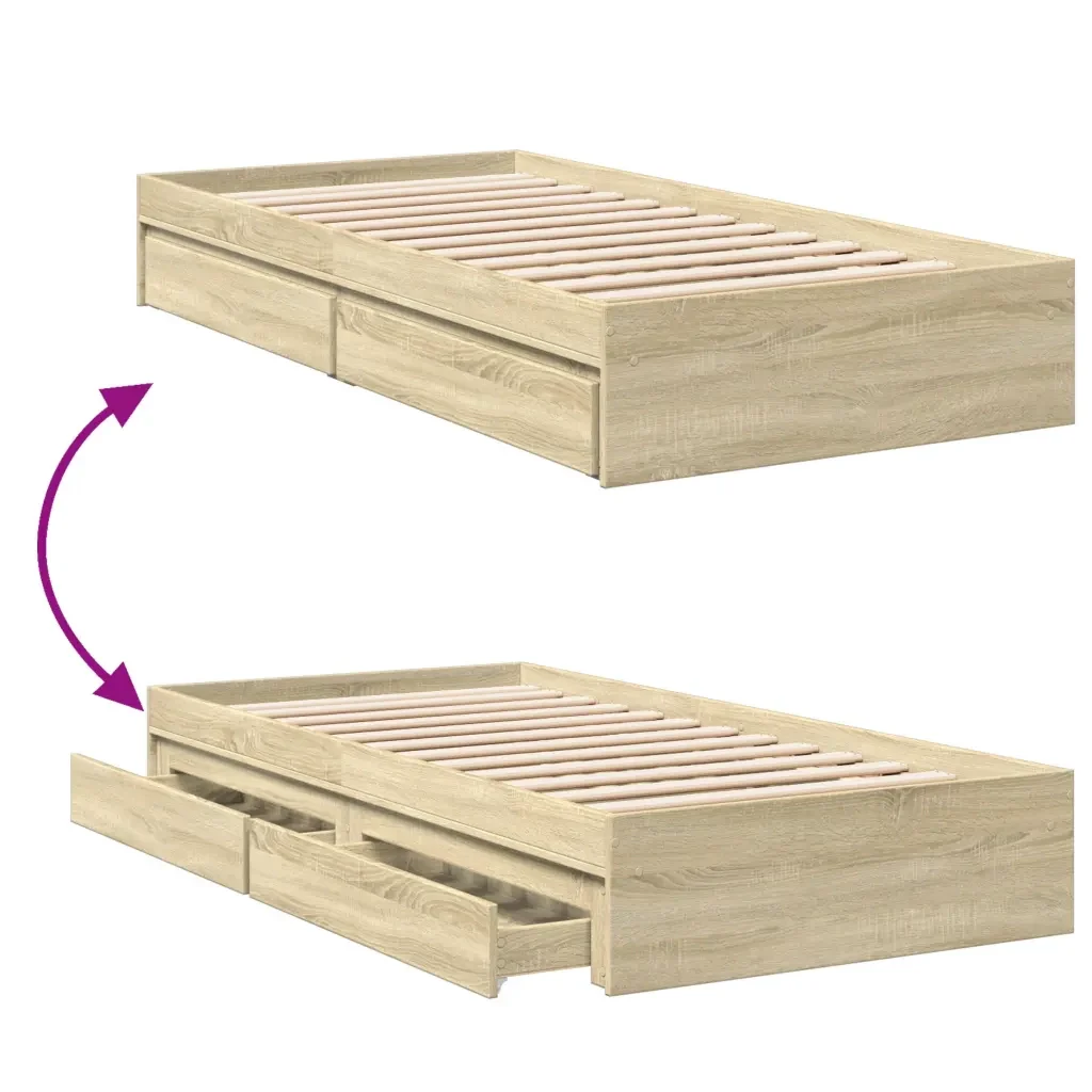 Letto singolo | Letto per adulti | Giroletto Cassetti Rovere Sonoma 90x190 cm Legno Multistrato - Image 7