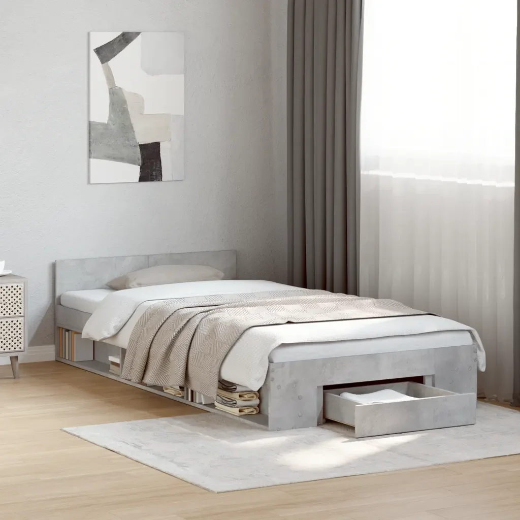 Letto singolo | Letto per adulti | Giroletto Cassetto Grigio Cemento 90x190 cm Legno Multistrato - Image 2